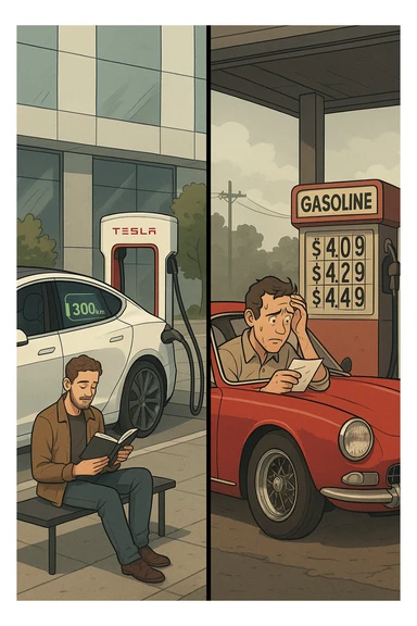 "Tesla Model S at charging station with owner reading book peacefully, battery indicator showing sufficient charge for 300km journey, versus vintage Italian sports car at gas station with owner anxiously calculating fuel costs, pump prices visible showing expensive gasoline, stress lines on traditional car owner's face, modern vs classic automotive philosophy clash" sticker