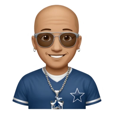 bald mexican cholo with square black oakley sunglasses no facial hair wearing a silver necklace with H on it and wearing cowboys jersey sticker