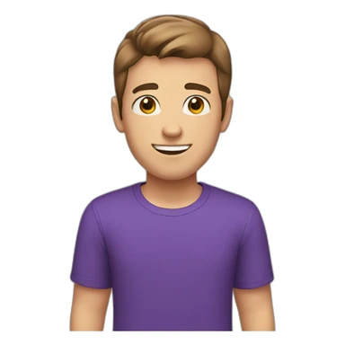 young man, greeting, brown short hair, purple t-shirt, white skin, head large sticker