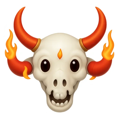 Make the white bull skull with bright red-orange flaming horns look less scary, give it a friendly and approachable expression, keep the style consistent. Remove the background. sticker