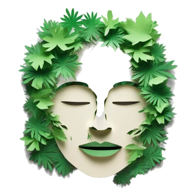 Person face portrait smoking chill made entirely of paper cuttings and 420 leaves and green flowers, holographic sticker