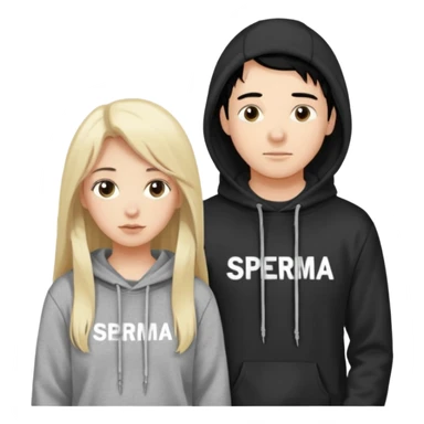 I want it to be this emote 🙍‍♂️
of a guy with black hair and a black sweatshirt with the word "sperma" written in white in the middle. Behind him, there's a pretty blonde with long hair, pulling the string on the first person's hoodie. The girl is wearing a gray sweatshirt. sticker