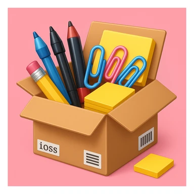 a cardboard box with assorted office supplies like pens, paper clips, and sticky notes spilling out in emoji style with a pink background sticker