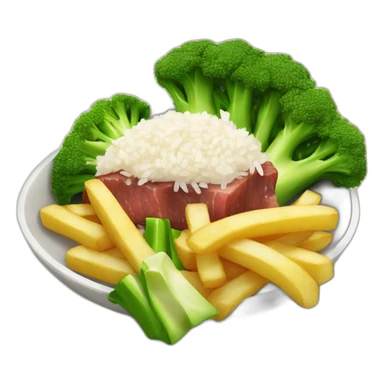 brocoli beef with rice and lttle squares of french fries sticker