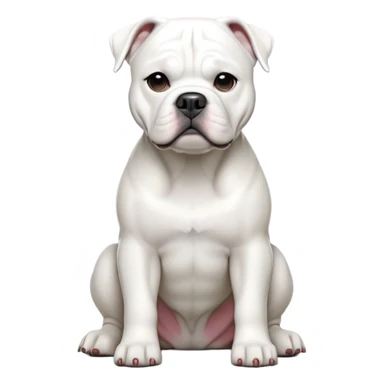 cinematic-[solid white american bulldog]-realistic-full-body-sitting-emoji,-tail-resting-loosely-beside-its-paws,-head-tilted-dramatically,-sleek-[solid white]-fur,-simplified-yet-realistic-focused-features,-highly-detailed,-glowing-with-an-almost-sarcastic-glow sticker