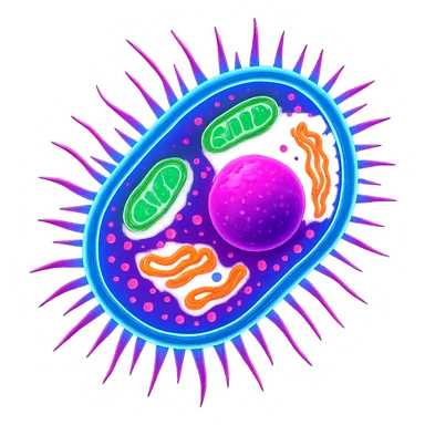 bacteria with visible nucleus and organelles, neon colors, high contrast sticker