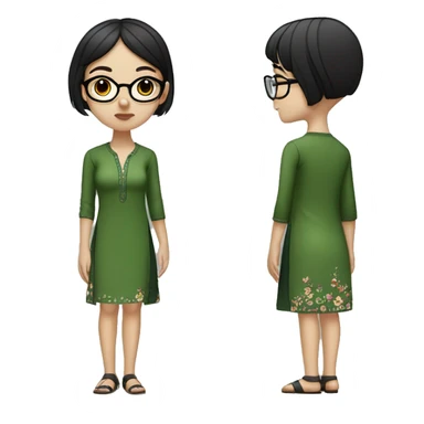 White skinny girl in a green kurta with flower design, glasses, alot of piercing, gay, red lips, nose ring, full body, short straight black edgar hair, black straight hair, front bangs sticker