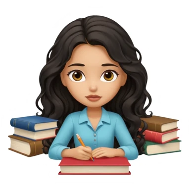 a pretty tan bratz girl with black wavy long hair studying. Pile of books on the table. No glasses. Looks tired sticker