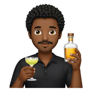 dark black guy, short black curly hair, facial hair, holding tequila, black shirt  sticker