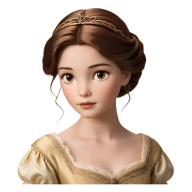 Cinematic Realistic Belle Portrait, depicted with lifelike skin texture, soft natural lighting, and intricately detailed brown hair styled elegantly. Her deep, expressive eyes exude warmth and intelligence, complemented by a serene and graceful expression. She is dressed in her classic attire, with rich fabric textures and delicate folds that catch the light beautifully. The portrait features a soft, enchanting glow with a natural, radiant finish, capturing the essence of timeless beauty in a realistic and painterly style, evoking a sense of depth and authenticity. sticker