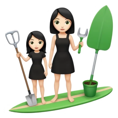 Princess who wearing black dress (woman) black hair holding her phone and a gardening shovel with another hand. She is standing on her feet, there is one green surfing board. sticker