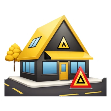 restaurant building with yellow warning triangle sign, caution sticker