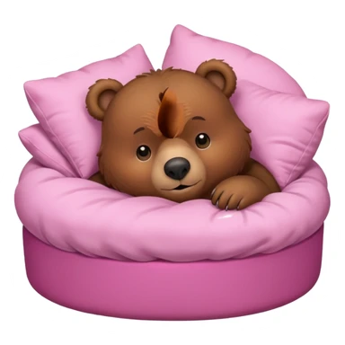 A cute brown bear in a pink bed, tucked in and looking forward, trying to fall asleep. sticker