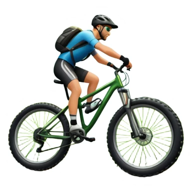 An icon showing a mountain bike with thick tires on a forest trail, surrounded by trees and natural terrain. The background features a lush green forest with sunlight filtering through the branches, and a winding path ahead. Transparent background highlights the  adventure of mountain biking. sticker