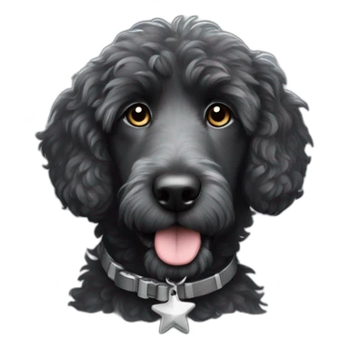fully black aussie doodle with gray eyebrows and a silver star tag on his collar sticker