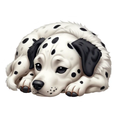Meme-Worthy Cute Sleeping Spotted Dalmatian Portrait Emoji, Head resting peacefully with a contented smile, showcasing a delightfully majestic build and a luxuriously soft Fur of predominantly white with bold black patches, eyes shut in a serene nap, Simplified yet hilariously adorable features, highly detailed, glowing with a soft, drowsy light, high shine, relaxed and utterly lovable, stylized with an air of playful laziness, bright and heartwarming, soft glowing outline, capturing the essence of a comically sleepy guardian, so meme-worthy it feels like it could instantly become the next viral sensation of adorable slumber! sticker