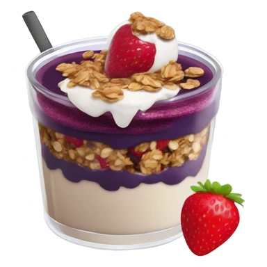Açaí in a clear cup with layers of strawberry and granola and condensed milk sticker