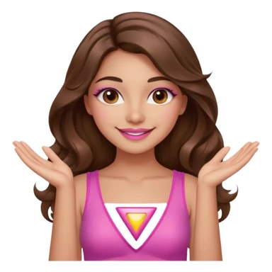 girl with long wavy brown hair, brown eyes, long lashes, sexy pink lips, light to medium complexion, wearing a pink sexy top, smiling, hands together in a tryangle sticker
