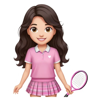 1 cô gái tóc đen nâu xoăn nhẹ dài ngang lưng, miệng cười tươi, mắt long lanh to tròn, make up tone hồng ngọt ngào. Mặc áo sơ mi hồng caro nhỏ, bên trong mặc áo thun trắng, chân váy tennis trắng xếp ly. Mang giày thể thao trắng sticker