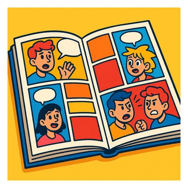open comic book pages in vibrant cartoon style, showing panels, expressive characters, speech bubbles sticker