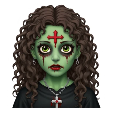 Zumbi verde com olhos castanhos aspecto de que tá sangrando, com cabelo marrom cacheado longo um piercing do lado esquerdo do nariz, roupa preta e crucifixo como colar, e também delineador  sticker