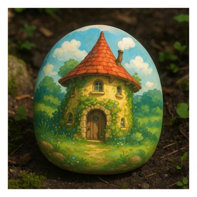 a painted rock, ghibli style, soft shading, whimsical and detailed sticker