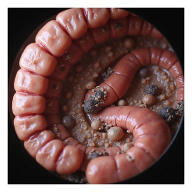 hyperrealistic 4K view of female intestine, altered microbial flora, visible bacteria and fungi, swollen and reddened walls, clinical atmosphere sticker