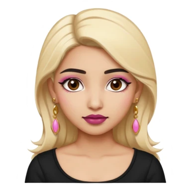 Sweet Indian girl blonde hair darkbrow eyes brown lipstick, pink blush, black top gold earrings, brown eyebrows  sticker