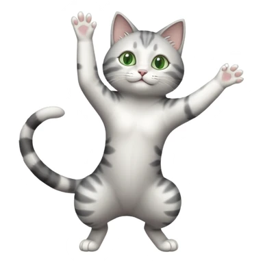 grey and white cat with green eyes doing a big extremely long stretch reaching up into the air with arms and legs side by side together sticker