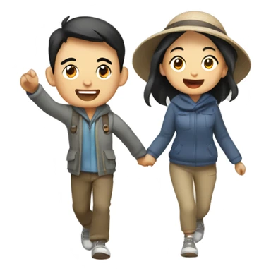 Cute young  Asian couple excitedly traveling  sticker