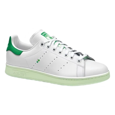 Classic white Adidas Stan Smith sneakers with green heel tab and Adidas logo, three perforated stripes on sides sticker