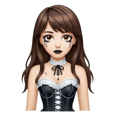 white girl, brown hair, bangs and long hair, dark makeup. Detailed corset top with white paint dripping,  sticker