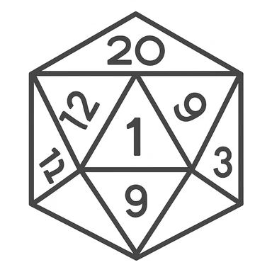 Rotate the D20 dice so the side facing the viewer shows the number 1. Maintain the minimalist style with simple lines, a clean look, and monochrome colors. No background. sticker