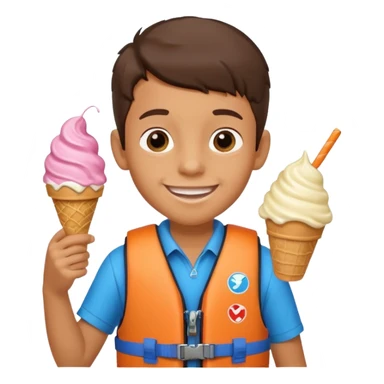 boy kid wearing lifejacket, holding ice cream sticker