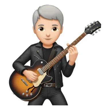 a short grey hair, middle age metal head with black leather, playing a classic epiphone eletric guitar sticker