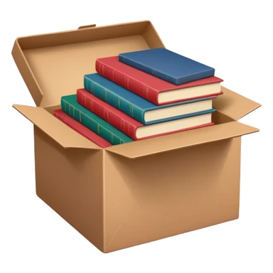 
An open brown cardboard box with softly rounded edges, filled with a small stack of colorful hardcover books (muted red, blue, and green). sticker