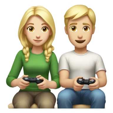 Blonde Girl with white skin and blonde boy with white skin sit playing with joysticks   sticker