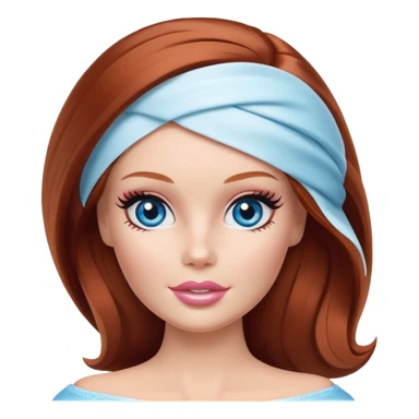 A Barbie face blue eyes with shoulder-length reddish brown hair, makeup with a cream mask on her on her head sticker