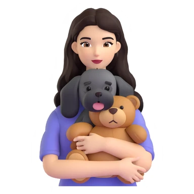 Kendall Jenner with long dark hair, holds a brown teddy bear and a black schnauzer sticker