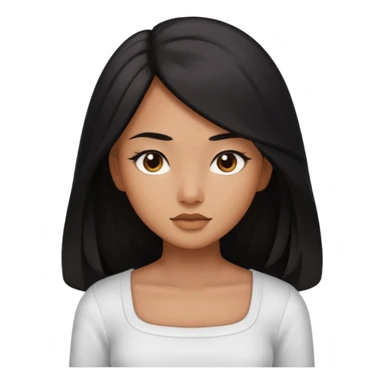 A deep skin girl (deep skin is caramel color not dark) with long black hair swept TO THE FRONT and a square neckline shirt and brown eyes sticker