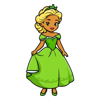 Disney Princess Tiana with super long blonde curly hair, green princess dress sticker