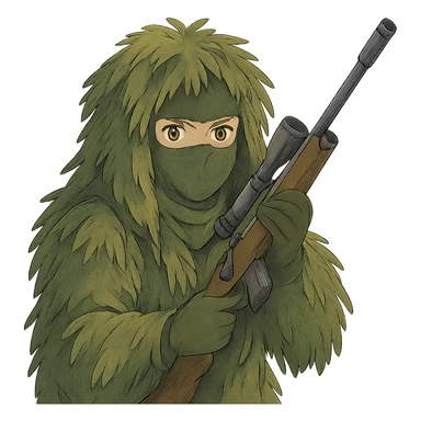 1 female, gold yellow eyes, face covered green balaclava, full military ghillie sniper camouflage, rifle up sticker
