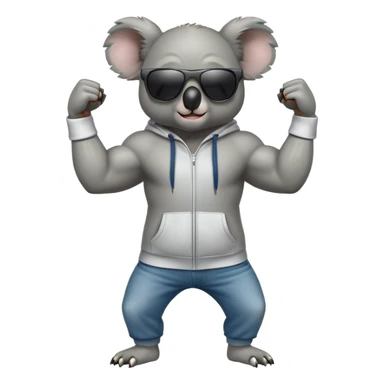 anthropomorphised koala, full body, wearing a hoodie and jeans, dark sunglasses, flexing muscles sticker