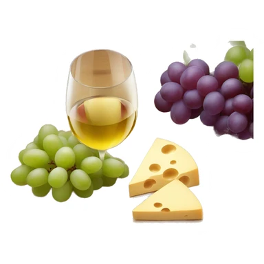 Wooden board with different kind of cheese, grapes and a glass of white wine sticker