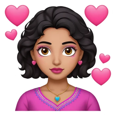 Black wavy hair , dark brown eyes, black brows, olive brown skin tone, pink lips, round eyes, heart shape face  , overall look is indian  sticker