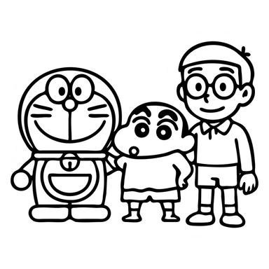 Add Nobita to the group with Doraemon and Shinchan as a simple and cute outlined icon, no background, minimalistic and clean lines. sticker