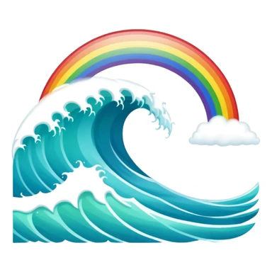 An ocean wave emoji with a rainbow emerging above it, representing peace and positivity after a storm. Minimal, glossy emoji design, vibrant yet calm color scheme. sticker