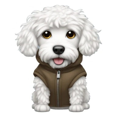 White mini doodle in a thunder jacket  sticker