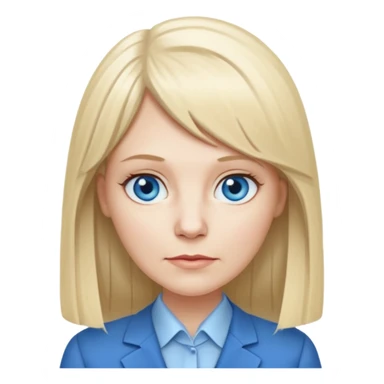 450 yr old white woman, pale skin, long straight blond hair parted in center, blue eyes, bangs, clothes for office sticker