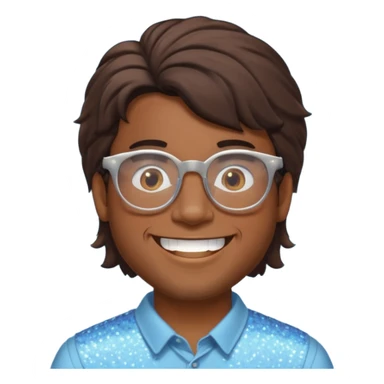 Brown guy with glasses with a whiffed front and puffed mullet, smiling with his teeth together and a sparkle from his teeth sticker
